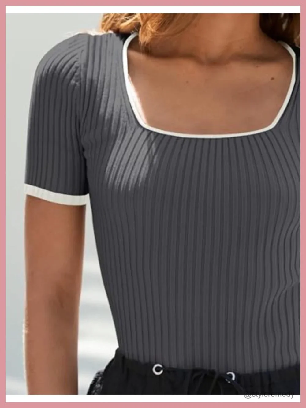 Short Sleeve Square Neck Color Block Ribbed Knit Crop Tee